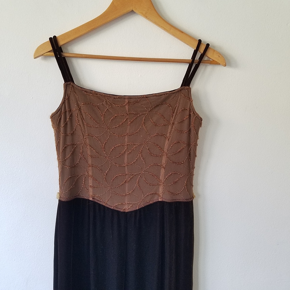 Vtg Y2K Velvet Mesh Square Neck Grunge Whimsigoth Midi Brown Dress - Picture 4 of 16